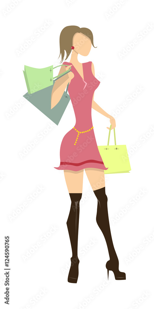 Isolated shopping woman on white background. Elegant, young and slim woman in beautiful outfit with colorful shopping bags.