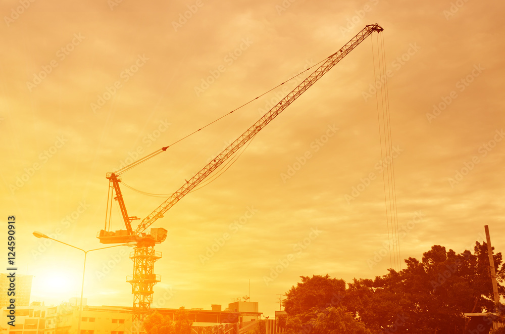 The Crane in construction site at sunset background