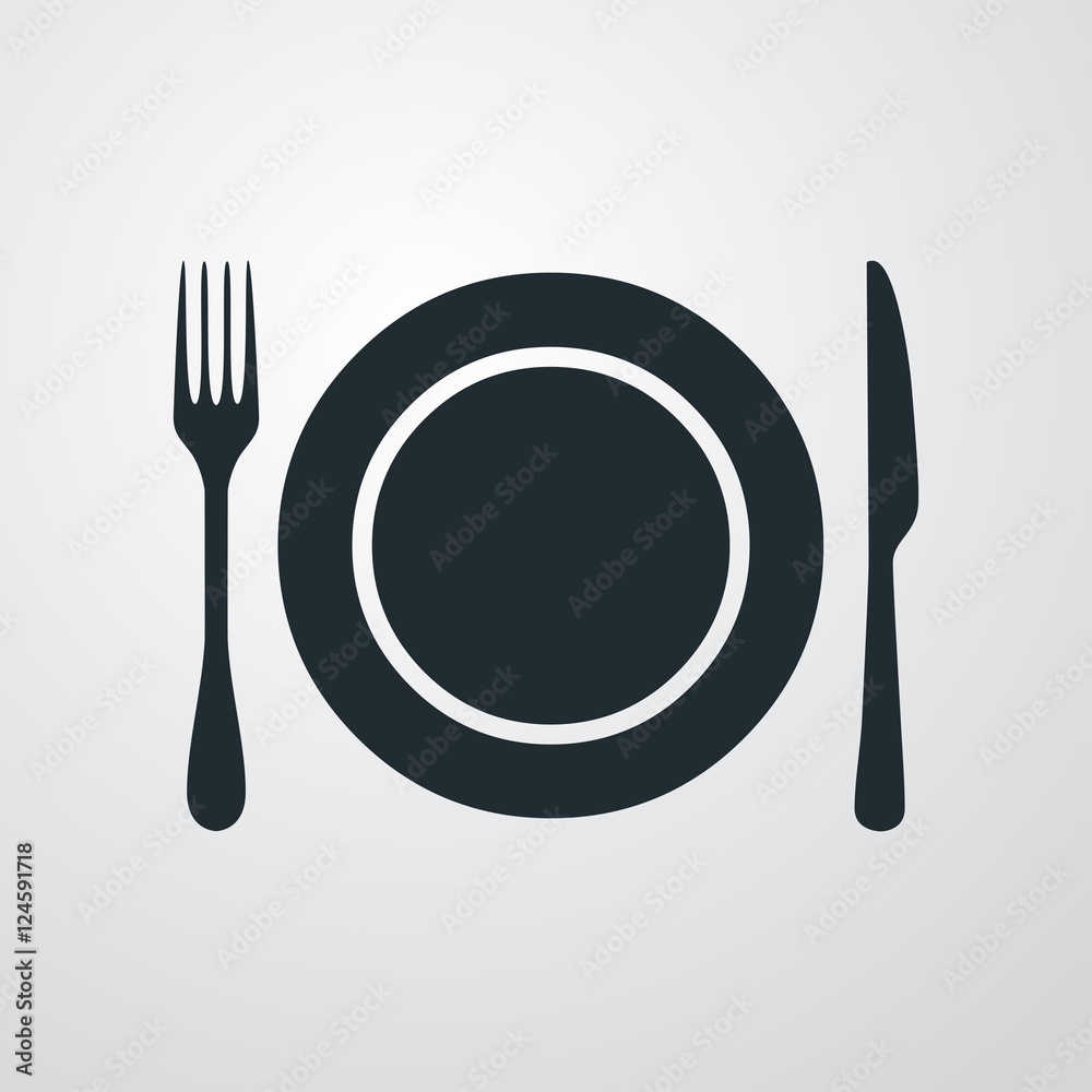 Icono plano plato y cubiertos sobre fondo degradado gris Stock Vector |  Adobe Stock