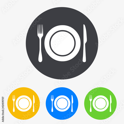 Icono plano plato y cubiertos en circulo varios colores