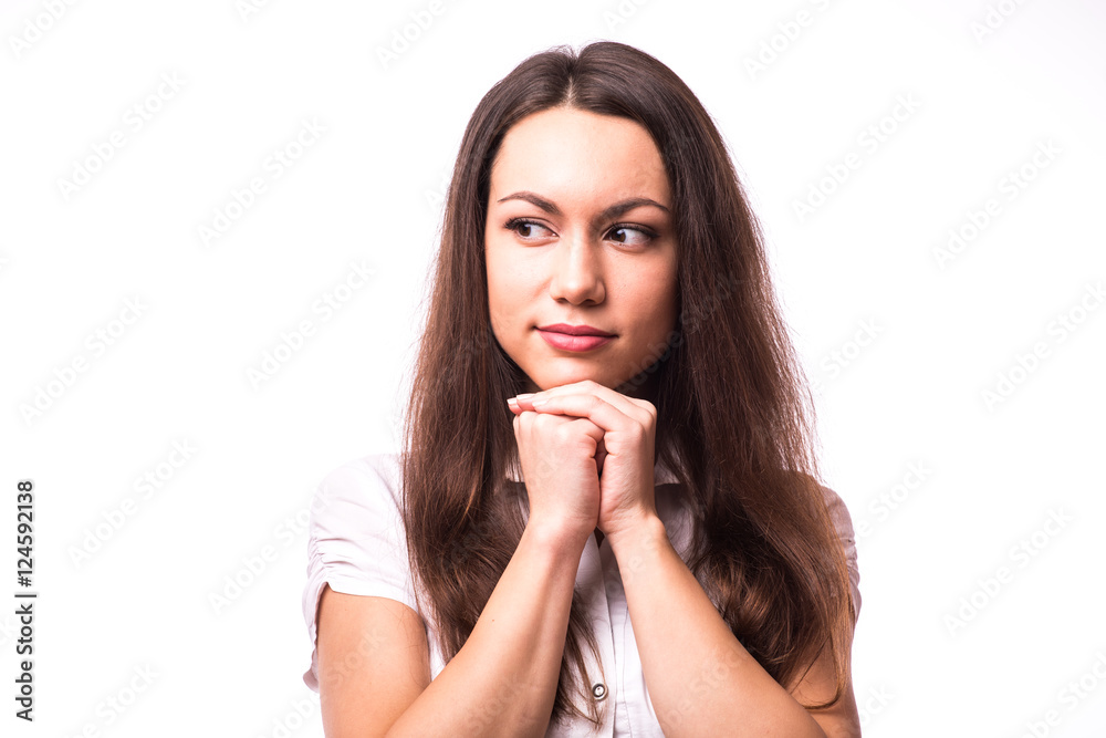 Portrait of young office woman with hands gesture over a white background Portrait of young office woman with hands gesture over a white background