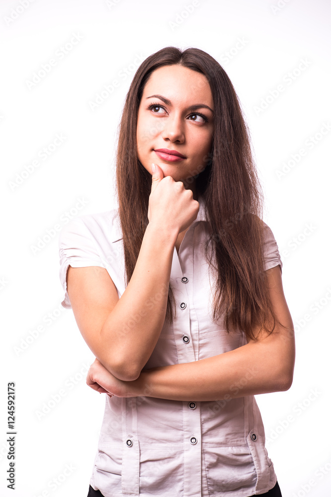 Portrait of young office woman with hands gesture over a white background Portrait of young office woman with hands gesture over a white background