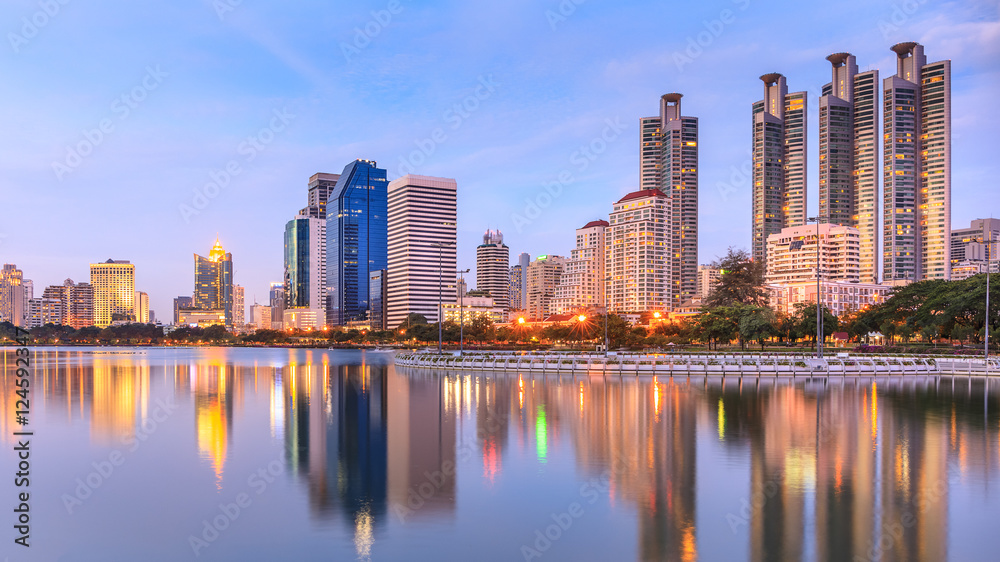 Modern Office Buildings in Bangkok, Thailand, at Twilight