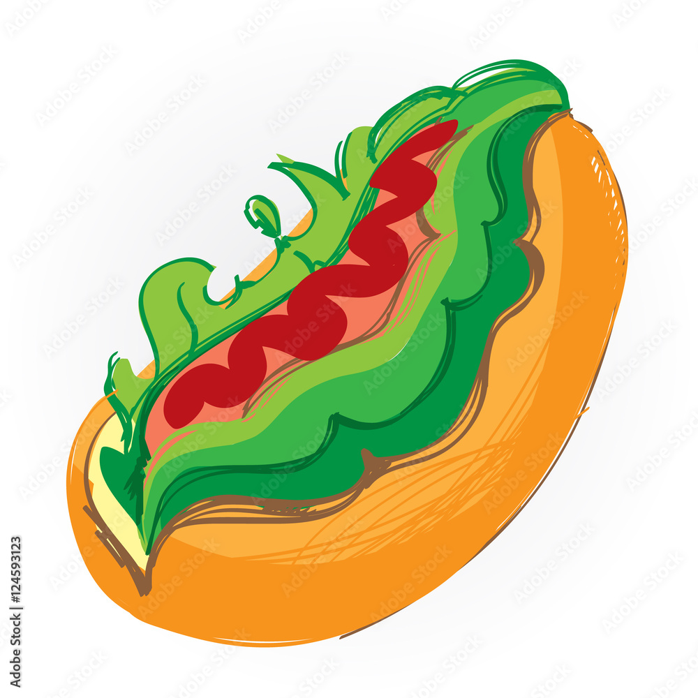 Hot dog, bun with sausage colorful hand drawing. Hot dog, bun with sausage colorful hand drawing.