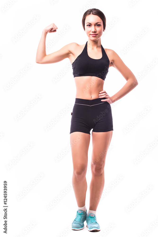 Young girl show power in hands after sport Young girl show power in hands after sport