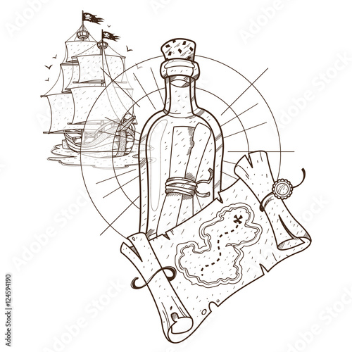 Pirate ship  treasure map  a bottle with a message. Graphics Pirate theme.
