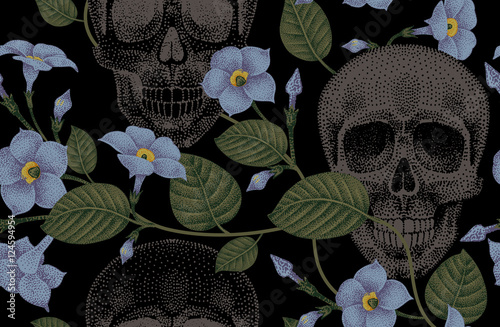 Seamless pattern with flowers and skulls.