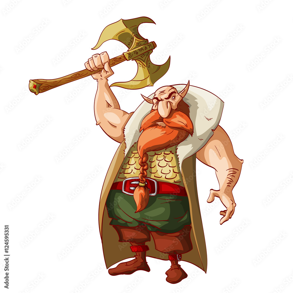 Colorful vector illustration of a cartoon fantasy dwarf warrior, armed ...