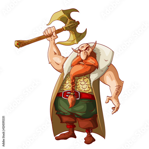 Colorful vector illustration of a cartoon fantasy dwarf warrior, armed with huge golden battle axe