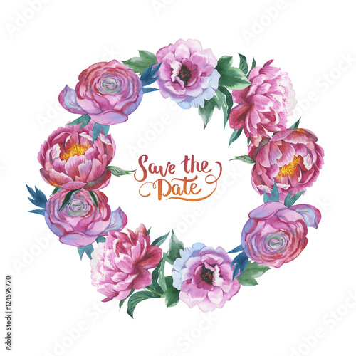 Wildflower peony flower wreath in a watercolor style isolated. Aquarelle wild flower for background, texture, wrapper pattern, frame or border.