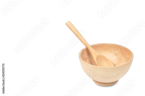 Wooden seasoning bowl set with spoon on white background.