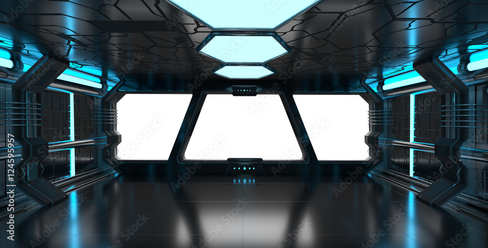 Fototapeta premium Spaceship blue interior with empty window 3D rendering elements