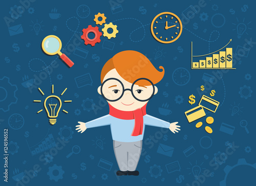 Flat design vector illustration of young business man shows process converting of idea into money. Business idea concept