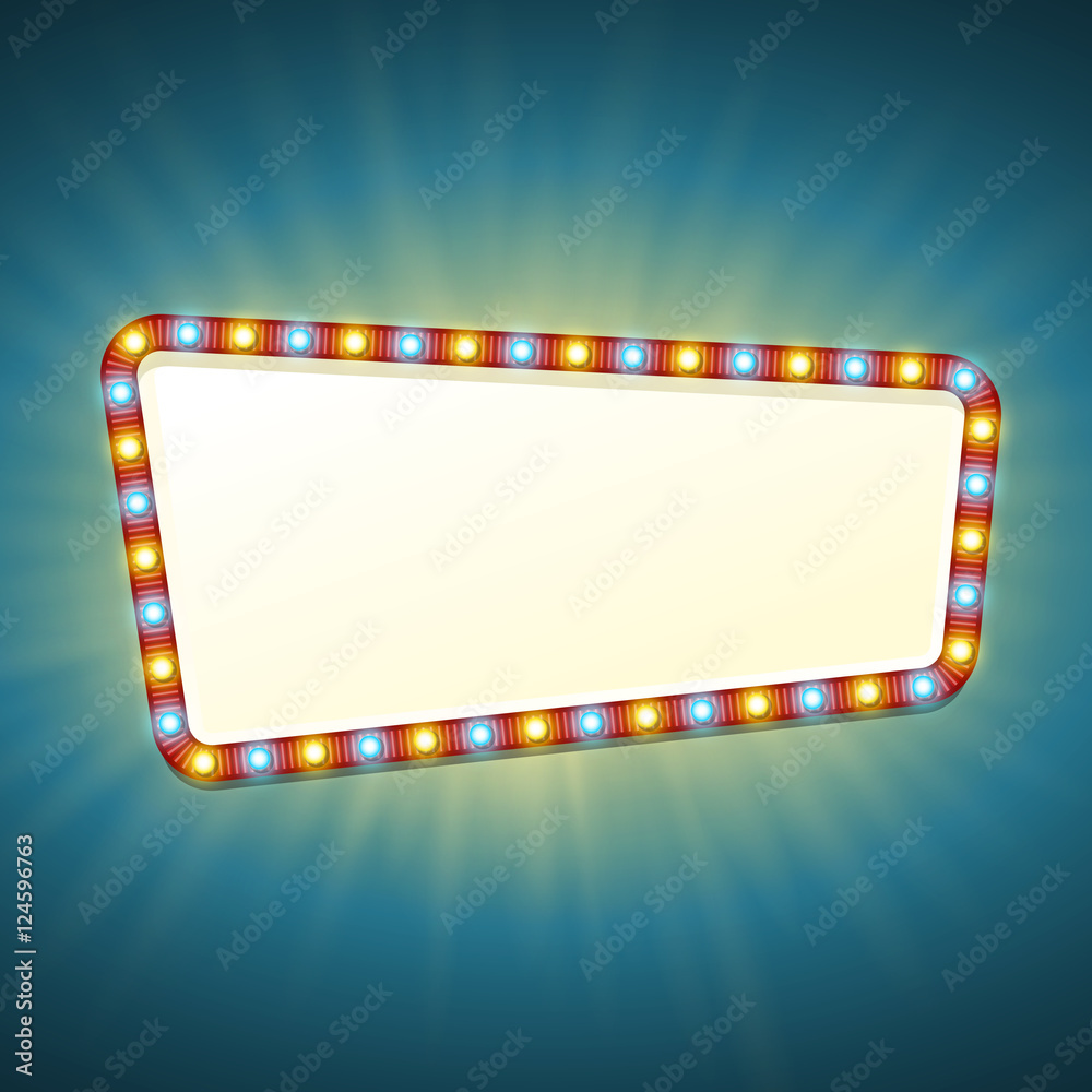 Fototapeta premium Blank 3d retro light banner with shining bulbs. Red sign with yellow and blue lights and blank space for text. Vintage street signboard. Advertising frame with glow. Colorful vector illustration.