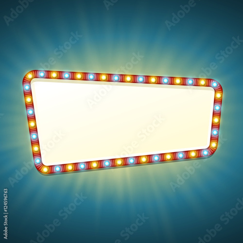 Blank 3d retro light banner with shining bulbs. Red sign with yellow and blue lights and blank space for text. Vintage street signboard. Advertising frame with glow. Colorful vector illustration.