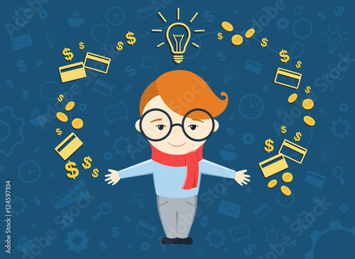 Flat design vector illustration of young business man shows process converting of idea into money. Business idea concept