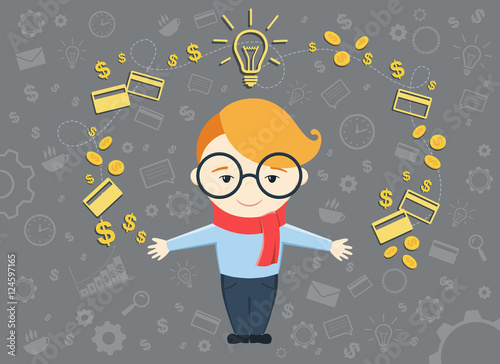 Flat design vector illustration of young business man shows process converting of idea into money. Business idea concept