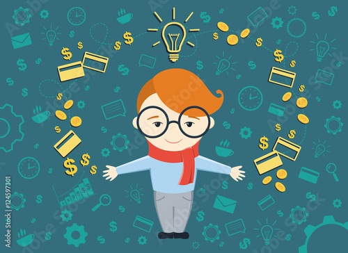 Flat design vector illustration of young business man shows process converting of idea into money. Business idea concept