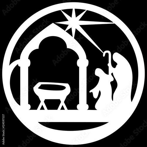 Adoration of the Magi silhouette icon vector illustration white on black  background. Scene of the Holy Bible
