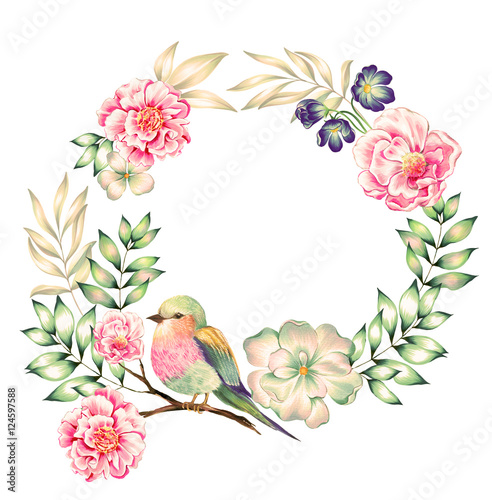 bird with flowers, isolated.