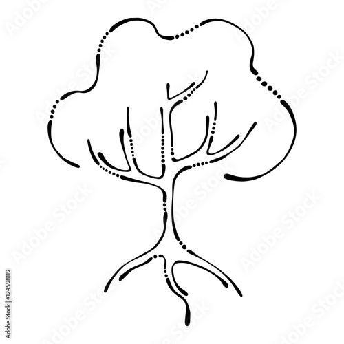 Vector hand drawn illustration, decorative ornamental stylized tree. Black and white graphic illustration isolated on the white background. Inc drawing silhouette. Decorative artistic ornamental wood