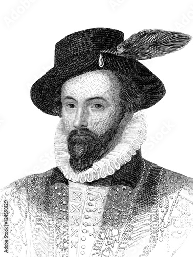 An engraved vintage illustration portrait image of Sir Walter Raleigh from a Victorian book dated 1847 that is no longer in copyright