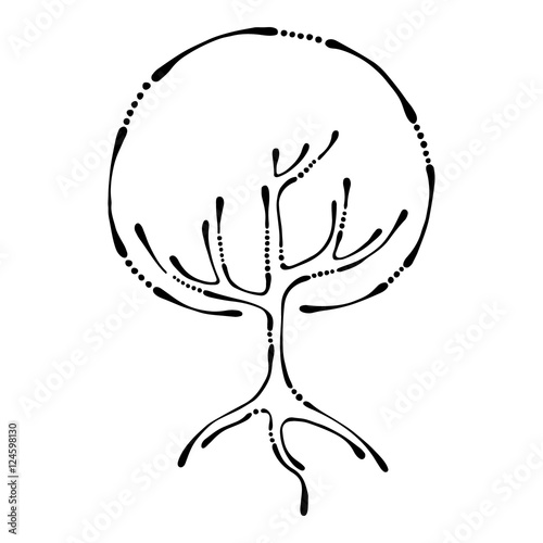 Vector hand drawn illustration, decorative ornamental stylized tree. Black and white graphic illustration isolated on the white background. Inc drawing silhouette. Decorative artistic ornamental wood