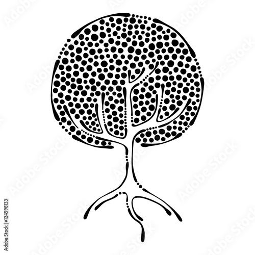 Vector hand drawn illustration, decorative ornamental stylized tree. Black and white graphic illustration isolated on the white background. Inc drawing silhouette. Decorative artistic ornamental wood