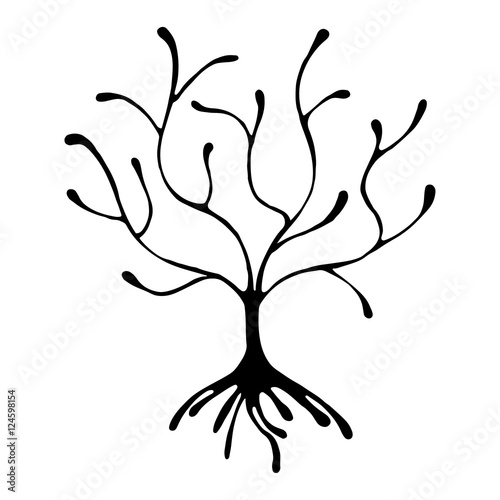 Vector hand drawn illustration, decorative ornamental stylized tree. Black and white graphic illustration isolated on the white background. Inc drawing silhouette. Decorative artistic ornamental wood