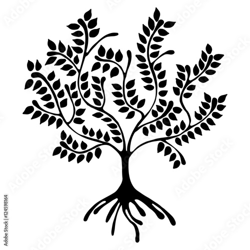 Vector hand drawn illustration, decorative ornamental stylized tree. Black and white graphic illustration isolated on the white background. Inc drawing silhouette. Decorative artistic ornamental wood