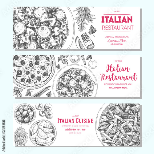 Italian food vintage design template. Horizontal banners set. Vector illustration