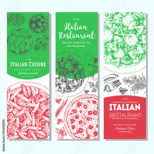 Italian food vintage design template. Vertical banners set. Vector illustration hand drawn linear art. Italian Cuisine restaurant menu. Hand drawn sketch vector banners.