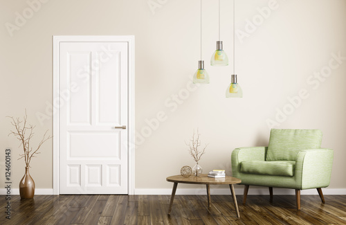 Fototapeta Naklejka Na Ścianę i Meble -  Modern living room interior with door and armchair 3d rendering