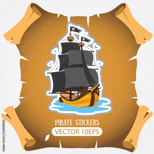 Ship with black sails. Vector stickers on the pirate theme.