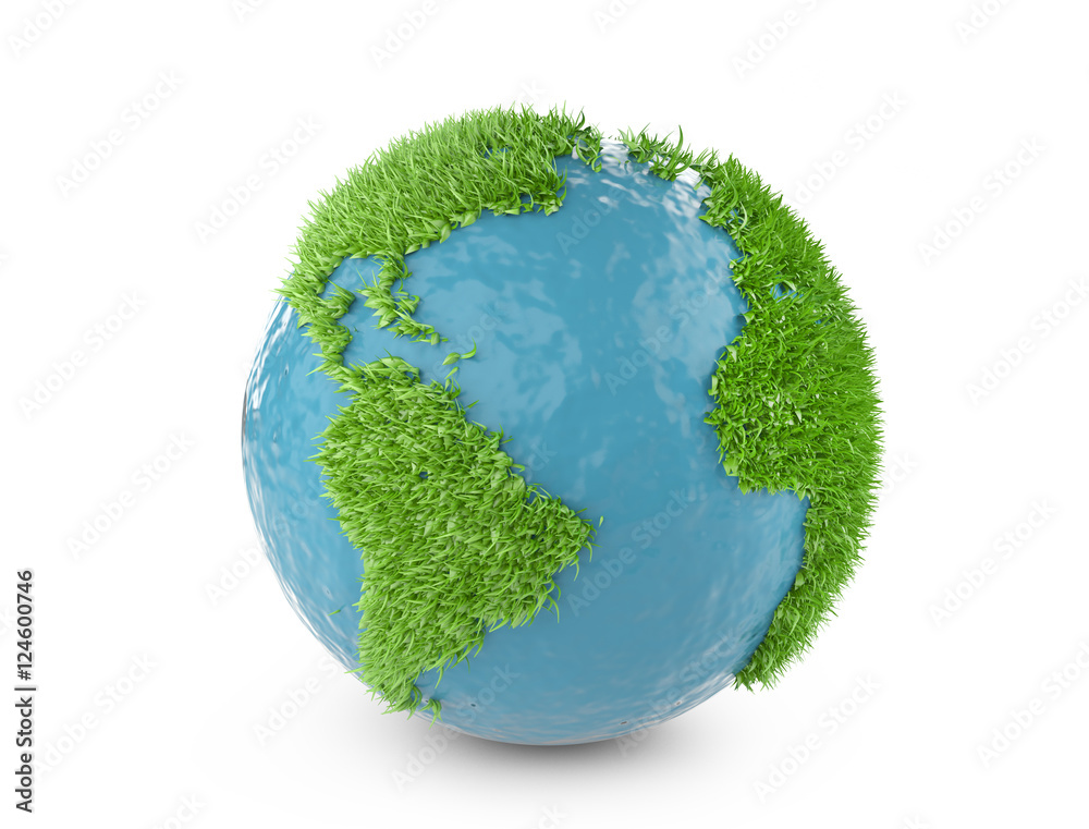 Green world concept with continents covered grass.
