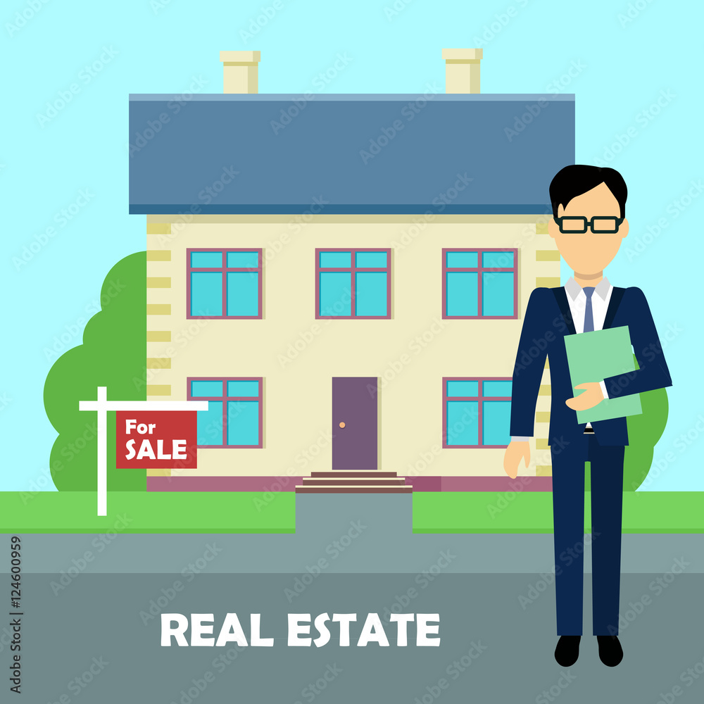 Real estate broker at work. Building for sale Real estate broker at work. Building for sale