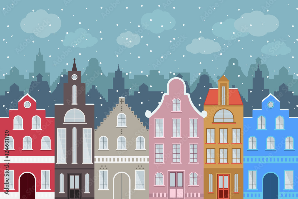 Set of European style colorful cartoon buildings in winter. Isolated hand drawn houses for your design.