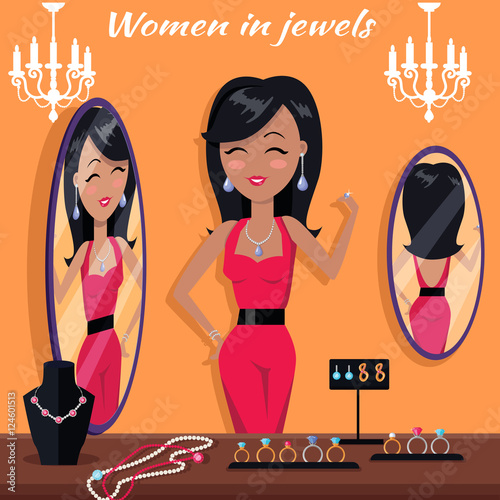 Women in Jewels in Front of Mirror. Jewelry Banner