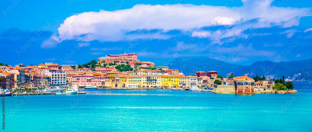 Panoramic view over Portoferraio town of  isola d'Elba, Elba island in Tuscany region, Italy. - obrazy, fototapety, plakaty 