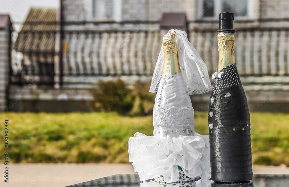 Champagne bottles decoration for wedding day bride and groom