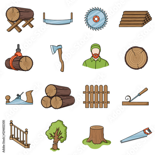 Sawmil and timber set icons in cartoon style. Big collection sawmill and timber vector symbol stock illustration