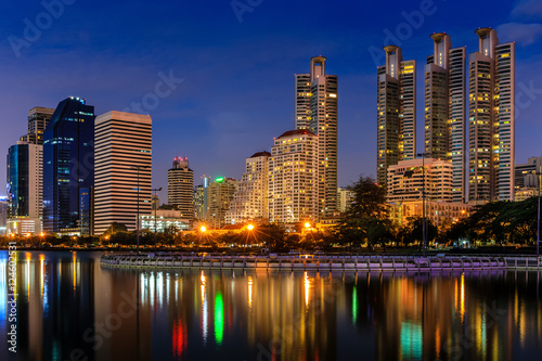 Modern Office Buildings in Bangkok, Thailand, at Night