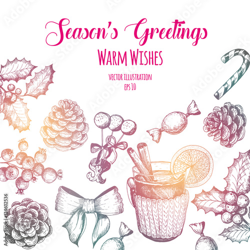 Christmas hand drawn frame for xmas design. Vintage Xmas invitation frame design. Linear graphic. New year vector illustration.