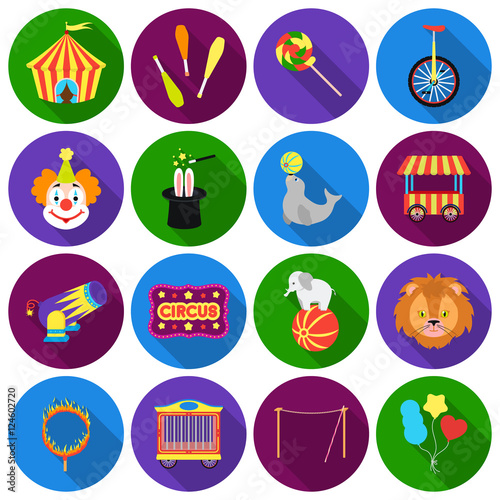 Circus set icons in flat style. Big collection circus vector symbol stock illustration