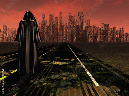 Fotografie Traveler on road to desolate city