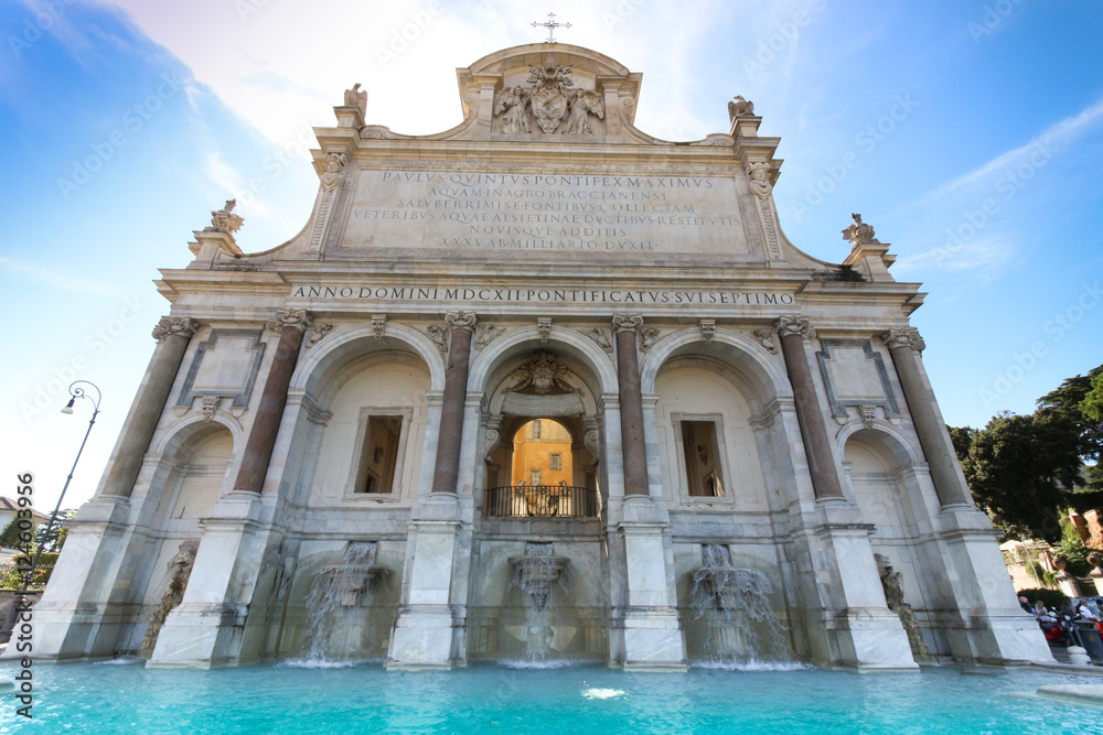 Naklejka premium Fontana dell'Acqua Paola, znana również jako Fontanone („Wielka fontanna”), monumentalna fontanna znajdująca się na wzgórzu Janiculum w Rzymie, Włochy