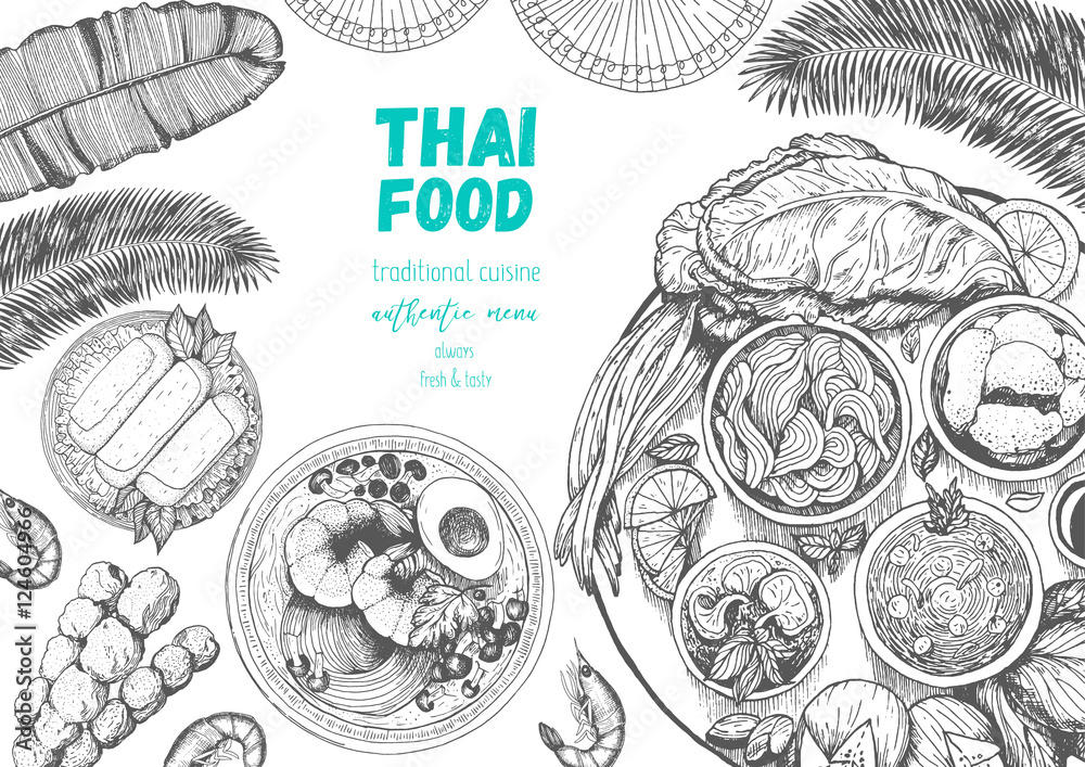 Asian food background. Asian food poster. Thai food menu restaurant. Thai food sketch menu. Vector illustration Asian food background. Asian food poster. Thai food menu restaurant. Thai food sketch menu. Vector illustration