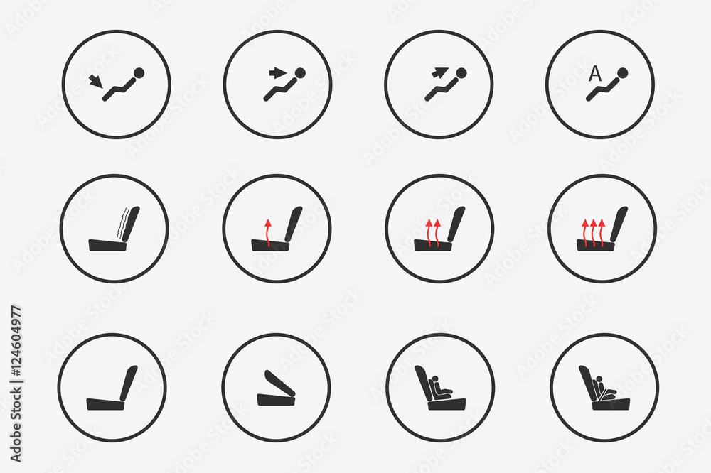 Modern set of car seat icons in grey colors Modern set of car seat icons in grey colors