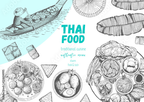 Asian food background. Asian food poster. Thai food menu restaurant. Thai food sketch menu. Vector illustration
