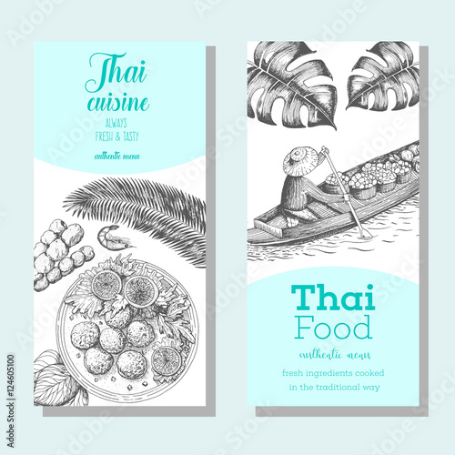 Asian food flyer set. Asian food vertical banner collection. Thai food menu restaurant. Thai food sketch menu. Linear graphic